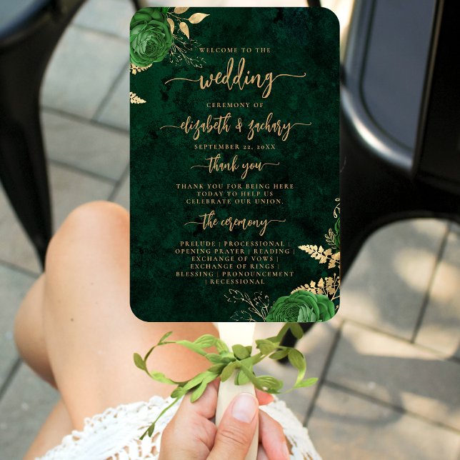 Elegant Emerald Green Floral Agate Wedding Program Hand Fan (Creator Uploaded)