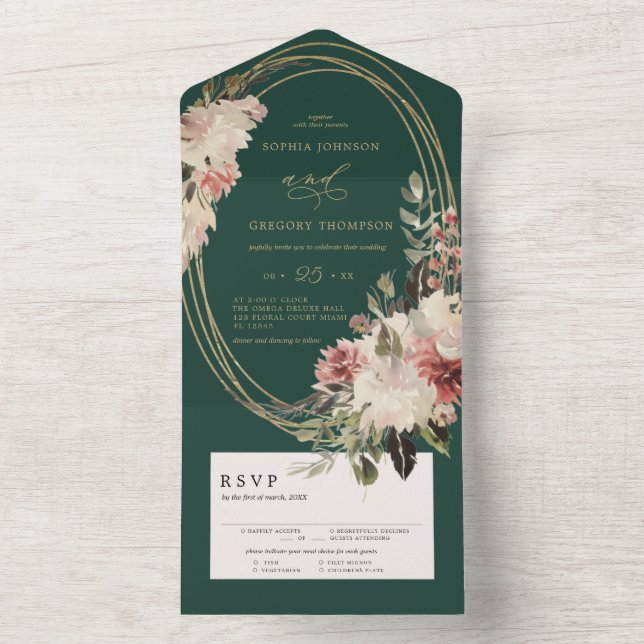 Elegant Emerald Green  | Floral Boho Calligraphic  All In One Invitation (Inside)