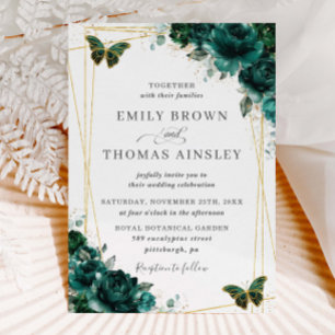 Elegant Emerald Green Floral Butterflies Wedding Invitation