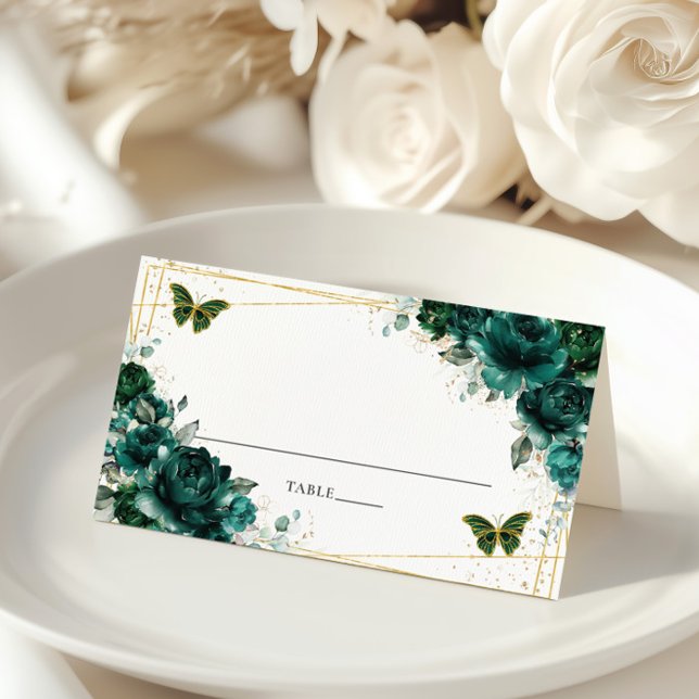 Elegant Emerald Green Floral Butterflies Wedding  Place Card (Creator Uploaded)