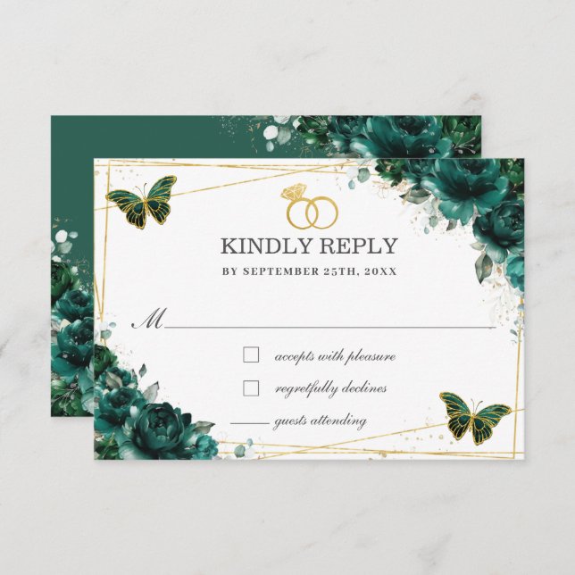 Elegant Emerald Green Floral Butterflies Wedding RSVP Card (Front/Back)