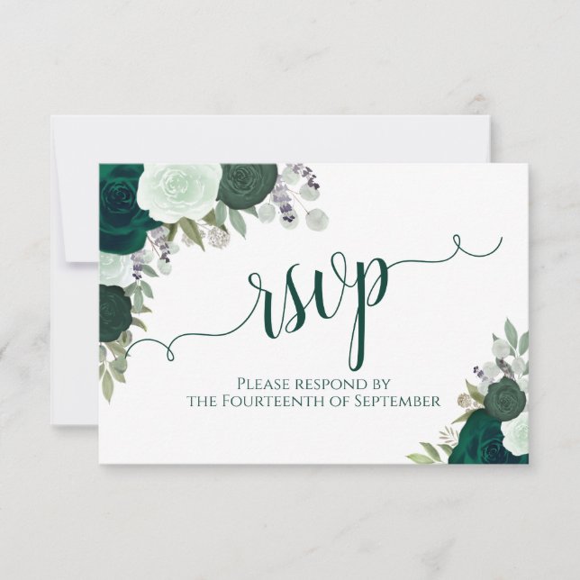 Elegant Emerald Green Floral Calligraphy Wedding RSVP Card (Front)