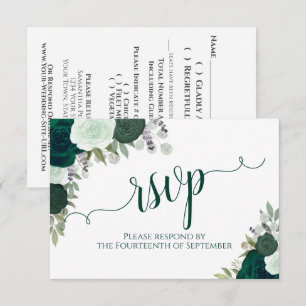 Elegant Emerald Green Floral Calligraphy Wedding RSVP Card