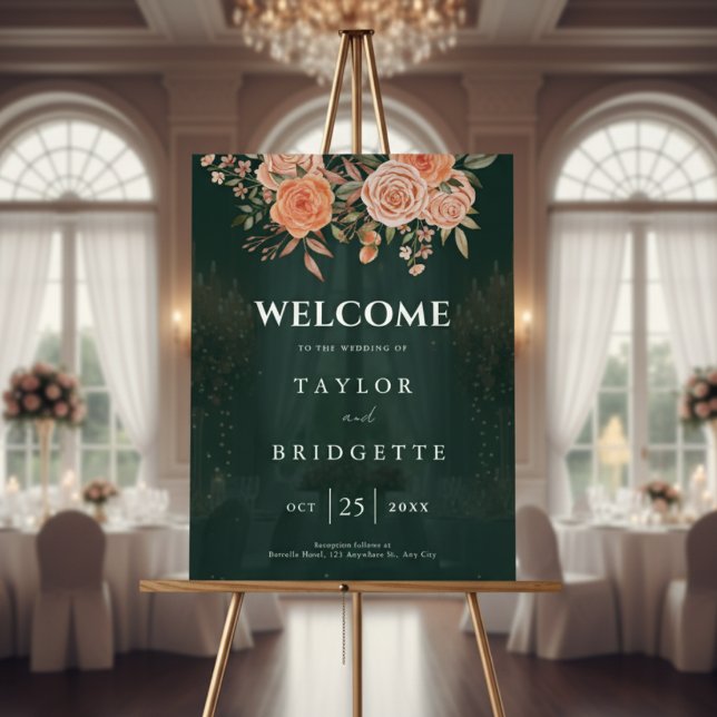 Elegant Emerald Green Floral Fall Wedding Welcome  Acrylic Sign (Creator Uploaded)