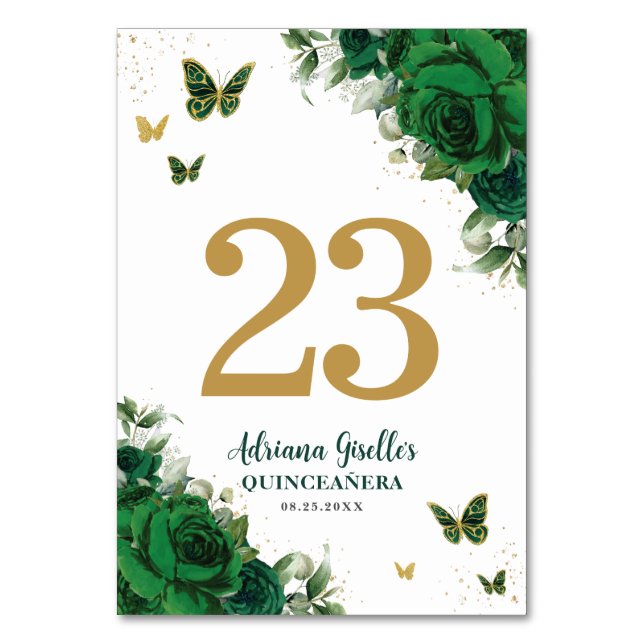 Elegant Emerald Green Floral Gold Butterflies  Table Number (Front)
