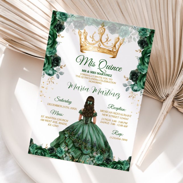 Elegant Emerald Green Floral Gold Crown Mis Quince Invitation (Creator Uploaded)