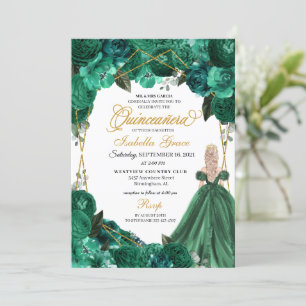 Elegant Emerald Green Floral Quinceanera Invitation