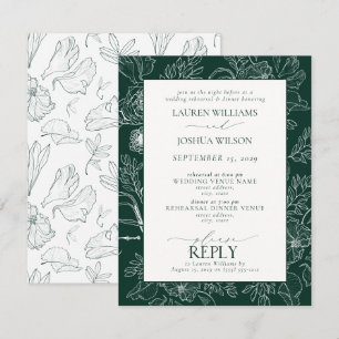 Elegant Emerald Green Floral Wedding Rehearsal Invitation