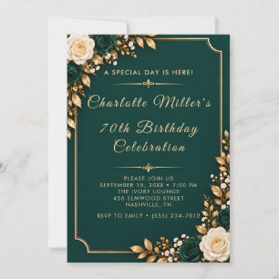 Elegant Emerald Green & Gold 70th Birthday Invitation