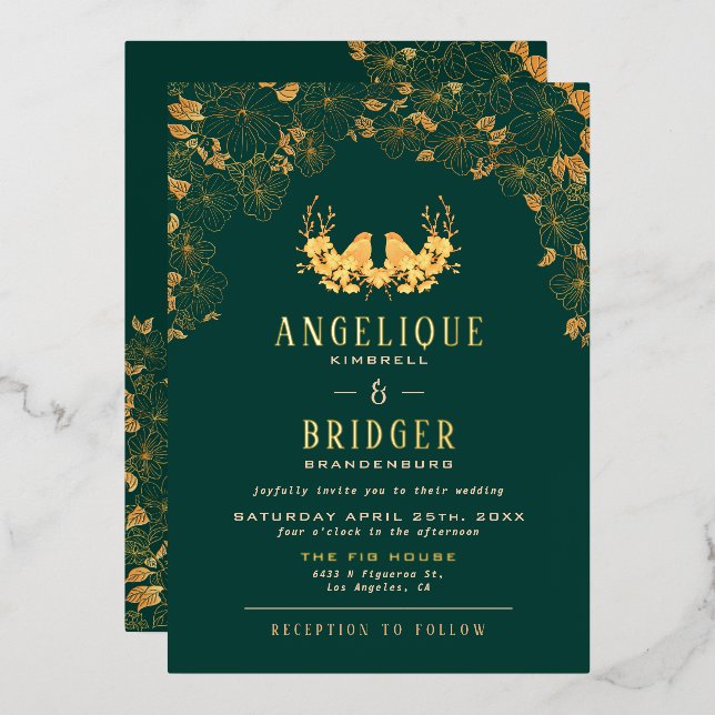 Elegant Emerald Green Gold Birds Floral Wedding (Front/Back)