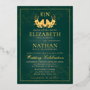 Elegant Emerald Green Gold Birds Monogram Wedding