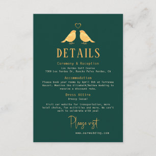 Elegant Emerald Green & Gold Birds Wedding Details Enclosure Card