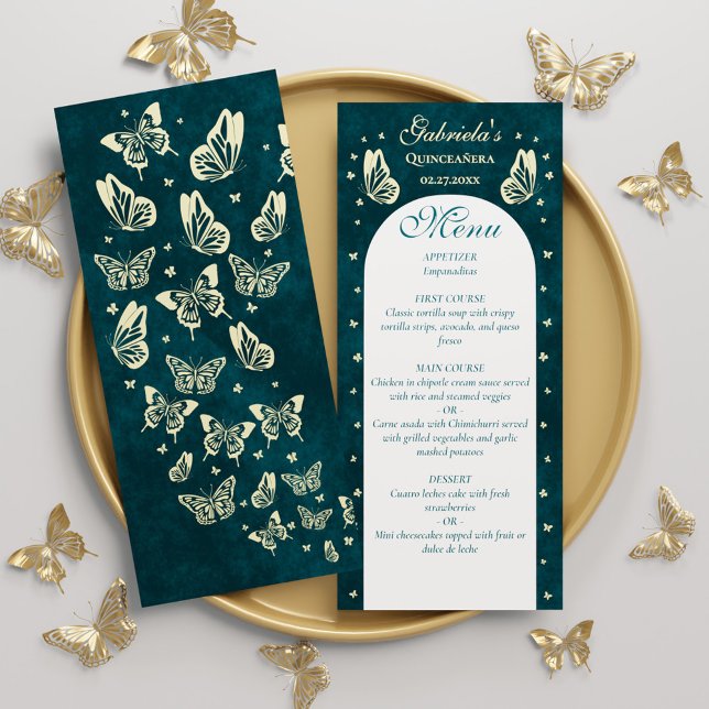 Elegant Emerald Green Gold Butterflies Quinceañera Menu (Elegant Emerald Green Gold Butterflies Quinceañera Menu)