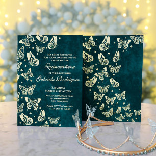Elegant Emerald Green Gold Butterfly Quinceañera Invitation