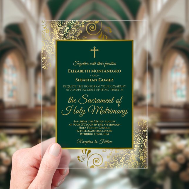Elegant Emerald Green & Gold Catholic Wedding Acrylic Invitations (Clear Acrylic with Rectangle Cut)