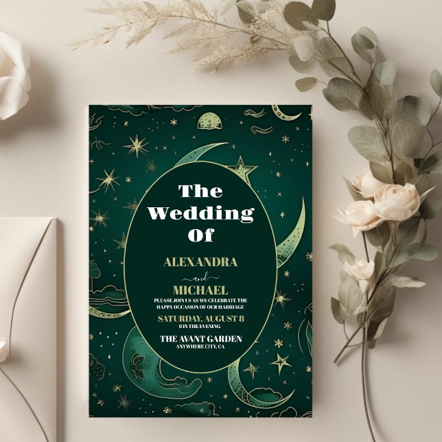 Elegant Emerald Green Gold Celestial  Wedding Invitation (Creator Uploaded)