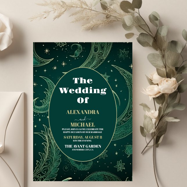 Elegant Emerald Green Gold Celestial  Wedding Invitation (Creator Uploaded)