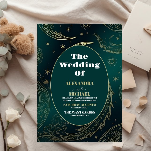 Elegant Emerald Green Gold Celestial  Wedding Invitation (Creator Uploaded)