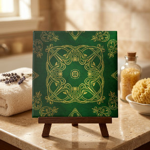 Elegant Emerald Green Gold Celtic Knotwork Damask Ceramic Tile