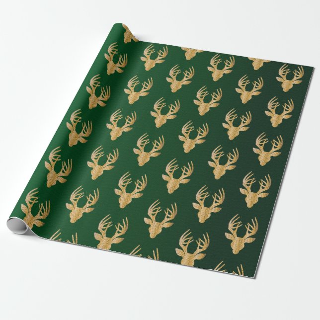 Elegant Emerald Green Gold Christmas Reindeer Gift Wrapping Paper (Unrolled)