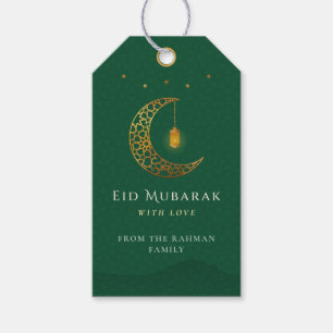 Elegant Emerald Green & Gold Crescent Eid Mubarak Gift Tags