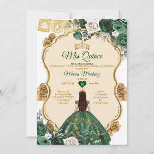 Elegant Emerald Green & Gold Crown Quinceañera Invitation