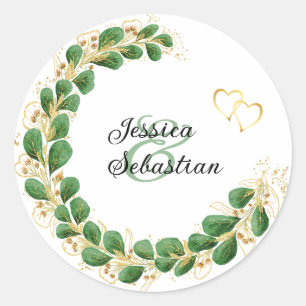 Elegant Emerald Green & Gold Eucalyptus Wedding Classic Round Sticker