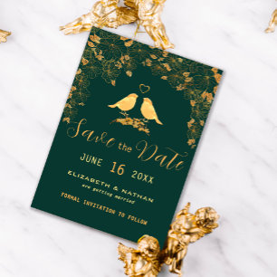Elegant Emerald Green & Gold Floral Birds Save The Date