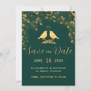 Elegant Emerald Green & Gold Floral Birds Save The Date
