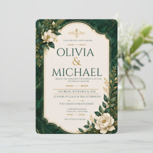 Elegant Emerald Green Gold Floral Marble Wedding Invitation