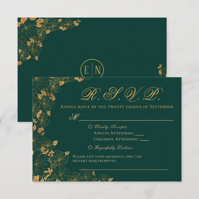 Elegant Emerald Green & Gold Floral RSVP (Front/Back)
