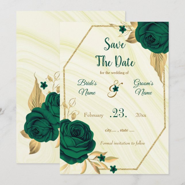 elegant emerald green gold floral save the date (Front/Back)