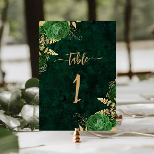 Elegant Emerald Green Gold Floral Wedding Table Number