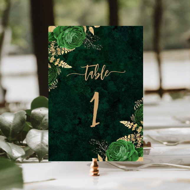 Elegant Emerald Green Gold Floral Wedding Table Number (Creator Uploaded)