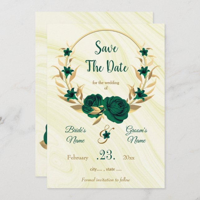 elegant emerald green gold floral wreath save the date (Front/Back)
