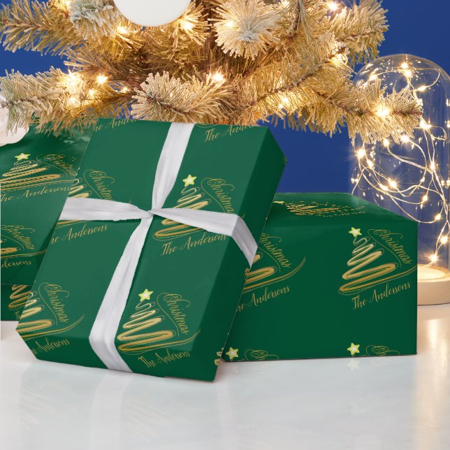 Elegant Emerald Green Gold Foil Christmas Tree Wrapping Paper (Holidays)