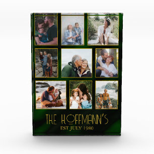 Elegant Emerald Green Gold Frame Photo Collage Block