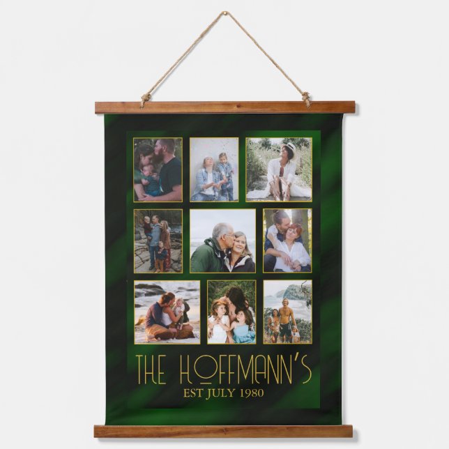 Elegant Emerald Green Gold Frame Photo Collage Hanging Tapestry (Front)