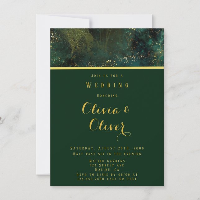 Elegant Emerald Green & Gold Glitter Agate Wedding Invitation (Front)
