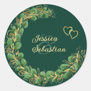 Elegant Emerald Green & Gold Jewel Tone Wedding Classic Round Sticker