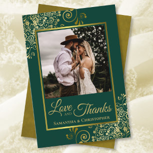Elegant Emerald Green & Gold Love & Thanks Wedding Thank You Card