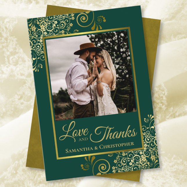 Elegant Emerald Green & Gold Love & Thanks Wedding Thank You Card (Creator Uploaded)