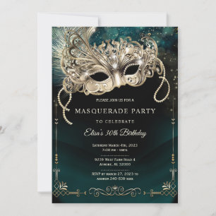Elegant Emerald Green Gold Masquerade Party Invitation