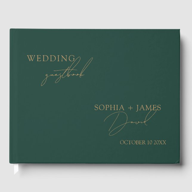 Elegant Emerald Green Gold Minimalist Wedding Guest Book (Front)
