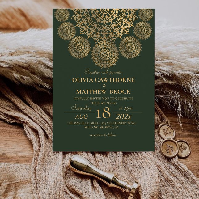 Elegant Emerald Green Gold Ornate Mandala Wedding Invitation (Creator Uploaded)
