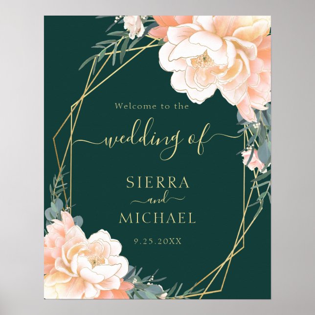 Elegant Emerald Green Gold Peach Floral Wedding Poster (Front)