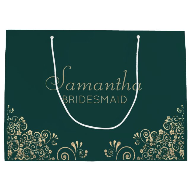 Elegant Emerald Green Gold Personalised Bridesmaid Large Gift Bag (Back)