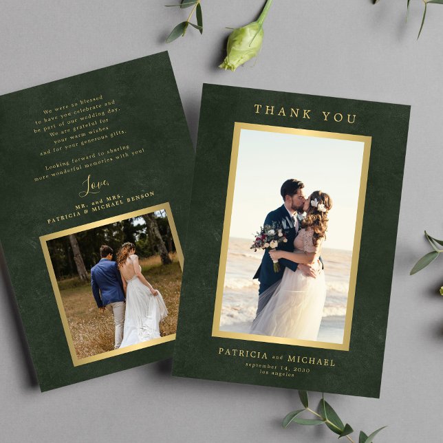 Elegant emerald green gold photo wedding  thank you card (Creator Uploaded)