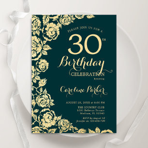 Elegant Emerald Green Gold Roses 30th Birthday Invitation
