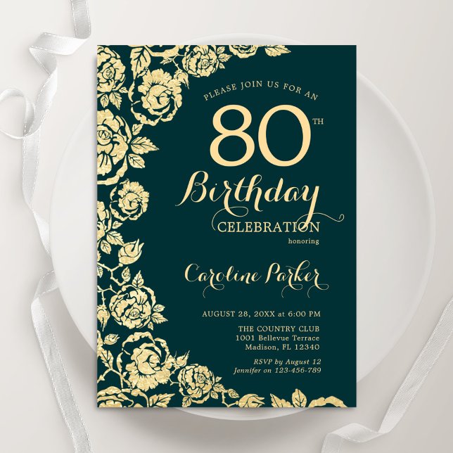 Elegant Emerald Green Gold Roses 80th Birthday Invitation (Creator Uploaded)